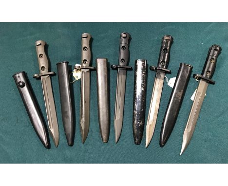 A COLLECTION OF FIVE LIA3 AND SIMILAR BAYONETS AND SCABBARDS. Five similar LIA 3 type SLR rifle bayonets and scabbards, each 