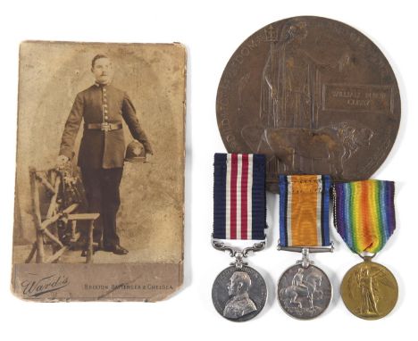 A MILITARY MEDAL GROUP AND MEMORIAL PLAQUE TO WILLIAM CLISBY. A George V Military Medal named to 86268 GNR W.P.Clisby 200/SGE