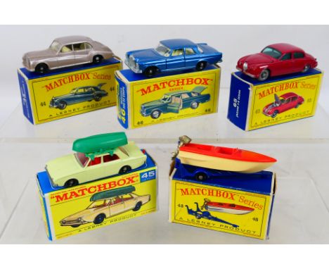 Matchbox by Lesney - five diecast models comprising Rolls-Royce Phantom V (trunk opens) # 44, Ford Corsair with Boat on roof 