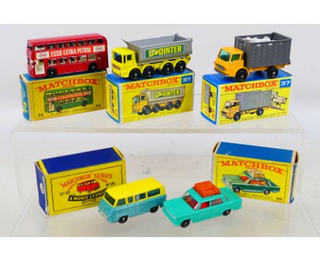 Matchbox by Lesney - five diecast models comprising Cattle Truck with two Cattle # 37, 8-wheel Tipper Truck # 51, Fiat 1500 w