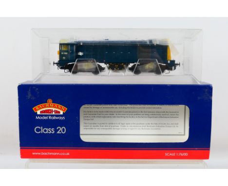 Bachmann - A boxed OO gauge Class 20 locomotive in BR livery, it has been re numbered and has a missing cab window and fixing