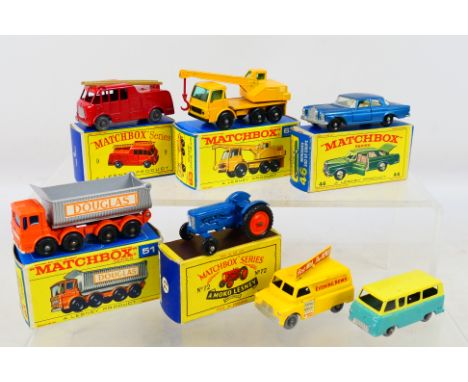 Matchbox by Lesney - seven diecast models comprising 8-wheel Tipper # 51, Dodge Crane Truck 63, Mercedes 300 SE Coupe (trunk 