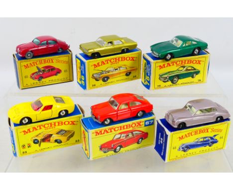 Matchbox by Lesney - six diecast models comprising Rolls Royce Phantom III with opening trunk # 44, Jaguar3.8 Sedan with open