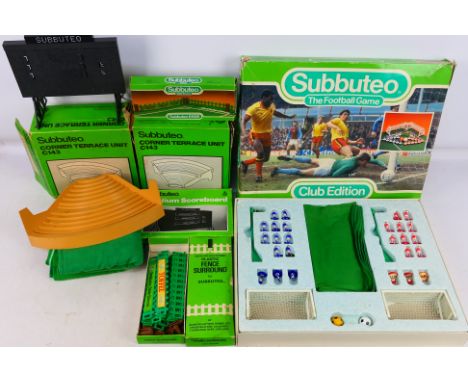 Subbuteo - A boxed 1980s Subbuteo Club Edition set with 2 x boxed Corner Terraces, a boxed Stadium Scoreboard, 2 x boxes of F