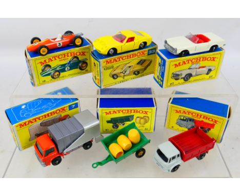 Matchbox by Lesney - six diecast models comprising Bedford Tipper Truck # 3, Ford Refuse Truck # 7, Lotus Racing Car # 19, Me