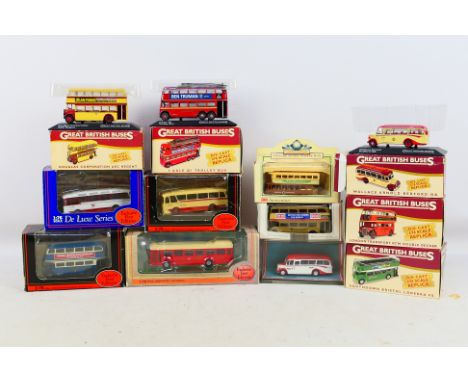 EFE - Atlas - A group of boxed bus models in 1:76 scale including Leyland National Widnes Corporation # 17305A, Bedford OB Tr