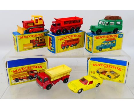 Matchbox by Lesney - five diecast models comprising Safari Land Rover # 12, Case Tractor # 16, 8-Wheel Tipper # 17, Lamborghi