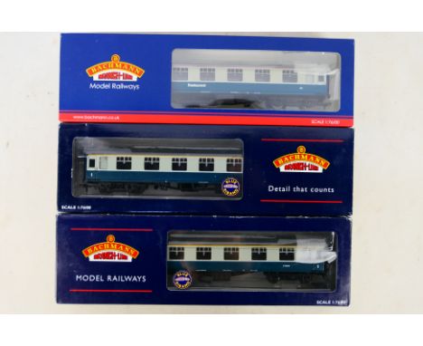 Bachmann - 3 x boxed OO gauge coaches, a Mk2 FK Brake Corridor First  # 39-150, Mk1 Corridor First FK # 39-150A and a Mk1 RFO