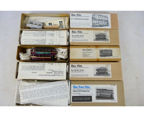 Bec Kits - 5 Boxed OO gauge Tram Kits to include No.12 E/1 Class car, No.17 Manchester 'Pilcher', No.4 Balcony Top Car and ot