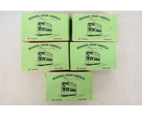 Varney - 5 boxed 1/76 scale Pennine Chain Models metal models to include 3 x No. 1 Liverpool Green Goddess Tramcars (1 missin