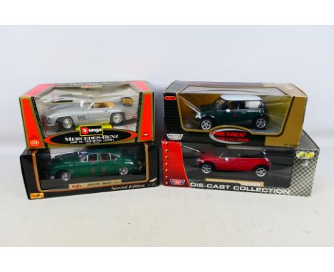 Motor Max - Bburago - Maisto - 4 x boxed cars in 1:18 scale, Jaguar MkII, MINI Cooper and Mercedes Benz 300 SL. The models ap