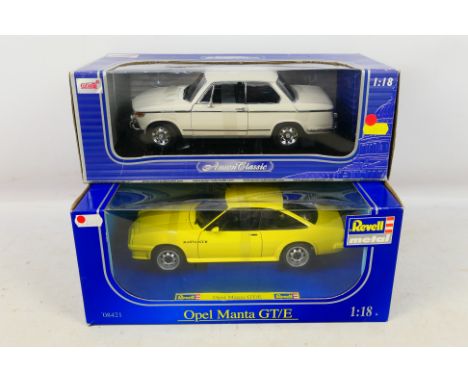 Anson - Revell - 2 x boxed cars in 1:18 scale, Opel Manta GT/E # 08421 and BMW 2002tii # 30386. The cars appear Mint in Fair 
