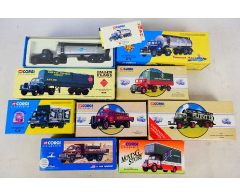 Corgi - 8 x boxed trucks in 1:50 scale including White Soda Truck # 98459, Bedford Pantechnicon # 18302 and similar, the Scam