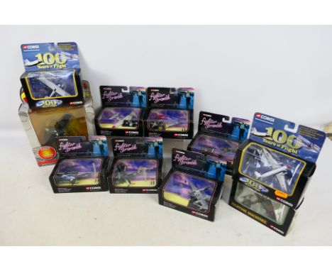 Corgi - An assortment of diecast planes in varying scales to include 6 x Fighter Scramblers; #CS90022 F-4U Corsair US Navy (P