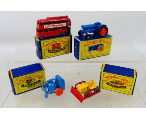 Matchbox by Lesney - four diecast models comprising Fordson Tractor # 72, Cement Mixer # 3, Trolley Bus with red poles # 56 a