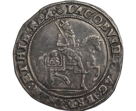 James I, third coinage, halfcrown, mm. thistle (1621-1623), king on horseback r., plain ground line, rev. shield of arms, wt.