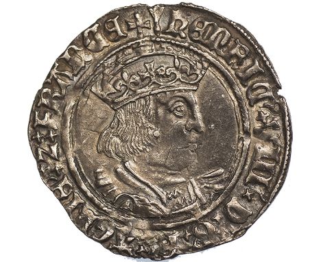 Henry VIII, second coinage (1526-1544), groat, Tower mint, mm. arrow, crowned bust D to r., rev. long cross fourchée over shi