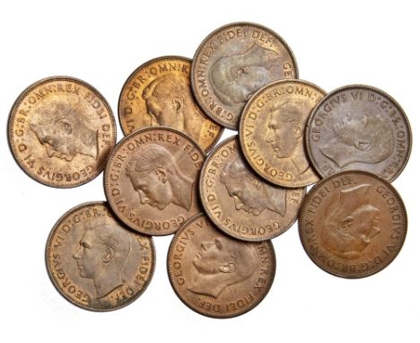 George VI, pennies, 1951 (10), bare head l., rev. Britannia seated r. with shield and trident (S.4117), about extremely fine 