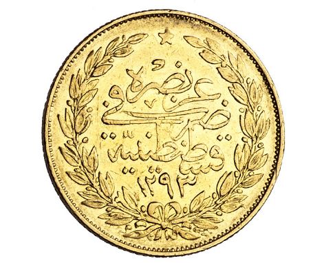 Ottoman, Abdul Hamid II (1293-1327h), gold 100 kurush, Qustantiniya 1293h regnal year 6, el-Ghazi to r. of toughra (KM.730), 
