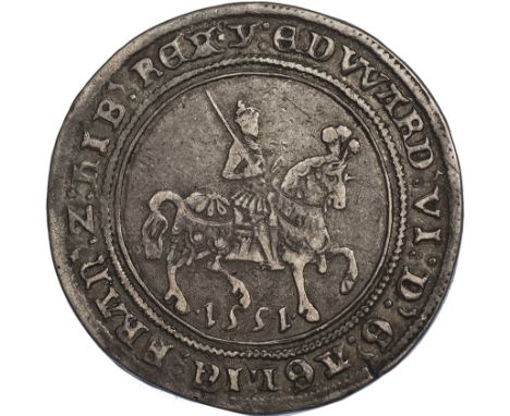 Edward VI, fine silver coinage, halfcrown, mm. y, 1551, crowned figure of king on horseback r., shouldering sword, date below