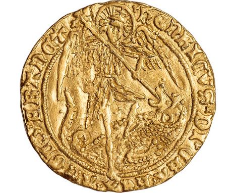Henry VI, restored (1470-1471), angel, mm. restoration cross, the archangel Michael slaying the dragon, rev. ship holding shi