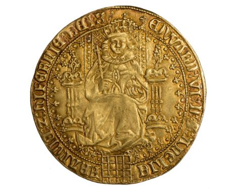 Edward VI, third period, 'fine' sovereign of 30 shillings, mm. ostrich head on both sides (1551), crowned figure of king enth