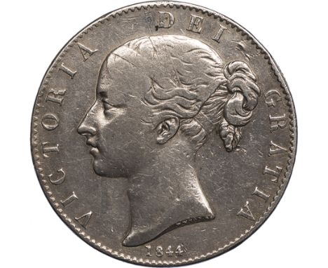 Victoria, crown, 1844, star edge stops, error edge: double struck inscription (one inverted), young head l., rev. crowned shi