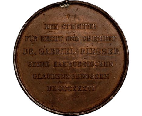 Germany, Hamburg, copper tribute medal to Dr. Gabriel Riesser (1806-1863), 1836, by Loos and Held, allegorical group showing 