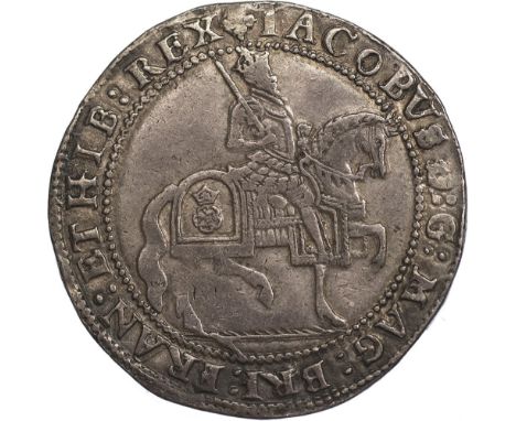 James I, third coinage, crown, mm. trefoil (1624), crowned figure of king on horseback r. shouldering sword, grass ground lin