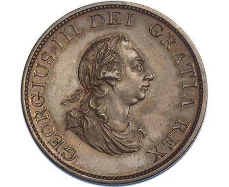 George III, proof halfpenny, 1799, in bronzed copper, laur. bust r., rev. Britannia std. l., holding trident and olive branch