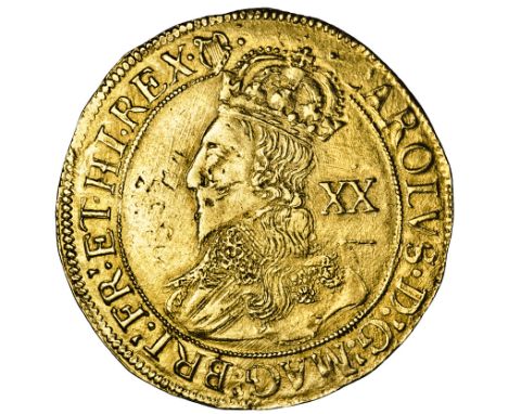 Charles I, unite, Tower mint, group D, mm. harp (1632-1633), crowned fourth bust D l., wearing ruff and scarf, mark of value 