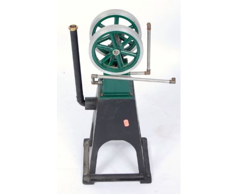 Heinrici, possibly, but unmarked hot air engine from aluminium, on cast steel plinth having hot bulb beneath plinth, twin 6.5