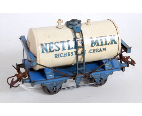 Hornby 1936-9 Nestles Milk tank wagon – white tank on light blue standard base, ladder and ends, a few small chips to one end