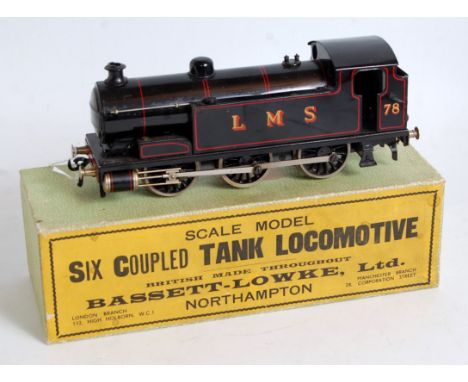 Bassett Lowke 0-6-0 tank engine LMS 78 black with red lining and gold shaded red letters and numerals, some small areas of li
