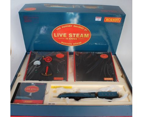 A Hornby live steam 00 gauge class A4 "Mallard" engine and tender LNER blue, complete with track oval, controller and other a