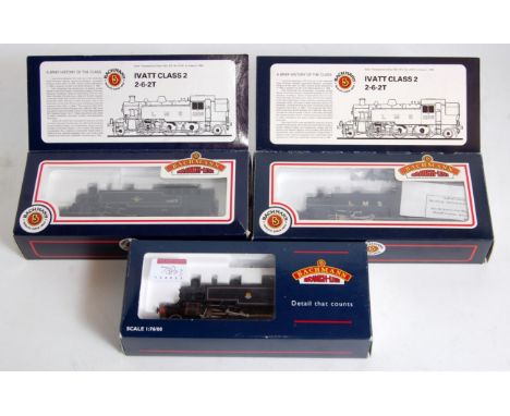 Three Bachmann Ivatt tank engines 31-453 LMS black No. 1216 (M-BNM), 31-452A BR black No. 41202 (M-BNM) and 31-451DBR black N