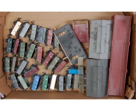 3 trays containing large quantity of Triang and Hornby buildings and accessories including 3 girder bridges, viaduct, 4 river