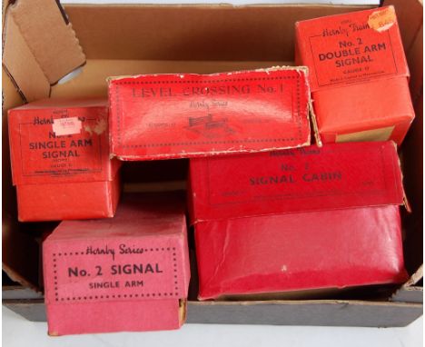 Various Hornby accessories:- no. 1 level crossing 1930-3 green gate posts (G-BG); 1954-69 no. 2 double arm signal black lever