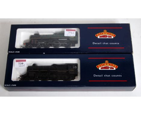 A Bachmann 31-108 factory weathered standard class 4MT engine and tender No. 75063 (M-BM) and a similar 31-106A BR lined gree