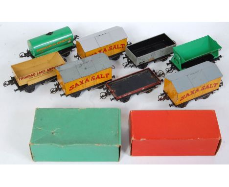 Small tray containing 8 no. 50 Hornby wagons:- McAlpine tipper (NM), Manchester Oil tank (M-BP), Trinidad Lake tipper (G-BM),