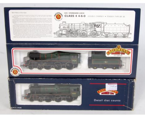 2 Bachmann BR green standard class 4MT engine and tenders No. 75023 (NM-BG) and 75003 double chimney (G-BF)