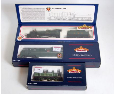 Three Bachmann locomotives 31-050A LNER lined green class J72 tank engine (M-BM), 31-300 GWR green 'Bradley Manor' (NM-BG) an