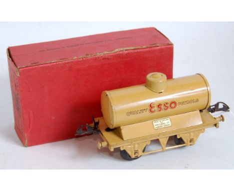 1936-41 Hornby "Esso" petrol tank wagon, cream, standard base, pressed filler, embossed top, narrow flanges on ends, small ch