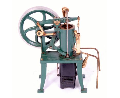 Rider Ericsson Hot Air Engine with integral burner and brass side pump, 9" flywheel, third reservoir pipe present but partly 