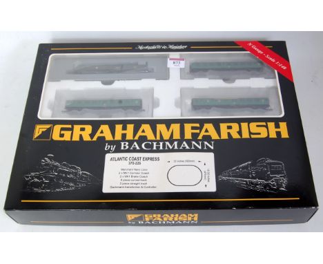 A Graham Farish by Bachmann 370-225 'Atlantic Coast Express' train set in N gauge containing BR green rebuilt Bulleid locomot