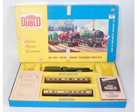 A Hornby Dublo 2021 "The Red Dragon" passenger train set containing "Cardiff Castle" engine and tender, some corrosion to saf