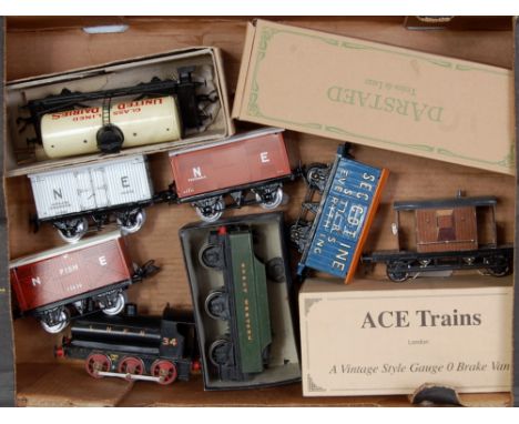 Mixed lot including white metal Dean GWR tender (G), 4 Hornby style repro wagons NE fruit, NE refrigerator, NE fish and Secot