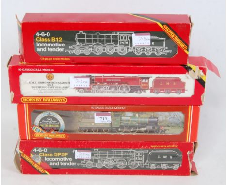 4 Hornby engines and tenders in mixed condition boxes, NE black class B12 engine and tender (G-BP), LMS red 'Duchess of Suthe