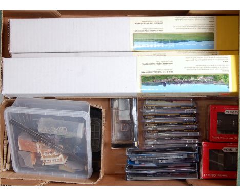 Two trays containing quantity of new and used scenic items in N and 00 gauges including 3x Faller backdrops (M-BM), 6 sets Sc