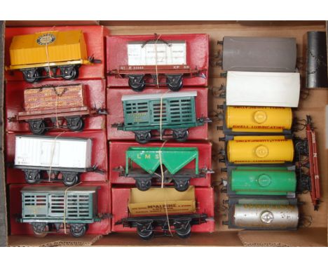 Large tray containing 15 post-war Hornby wagons:- Portland Cement, 2 x BR flat, BR Insul Meat, 2 x Southern Milk traffic, LMS